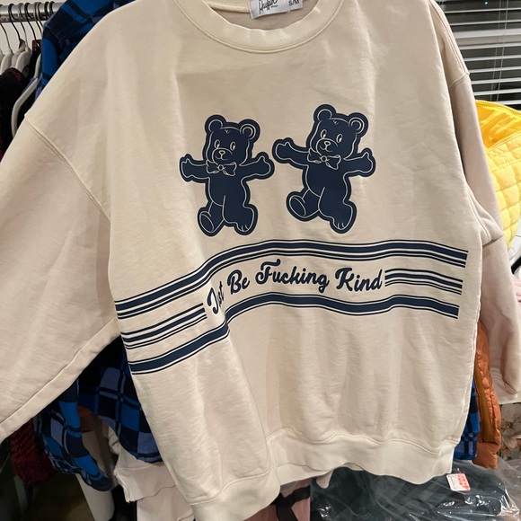 The Mayfair just be nice Cream and Navy Graphic Sweater small medium NWOT - Picture 2 of 4